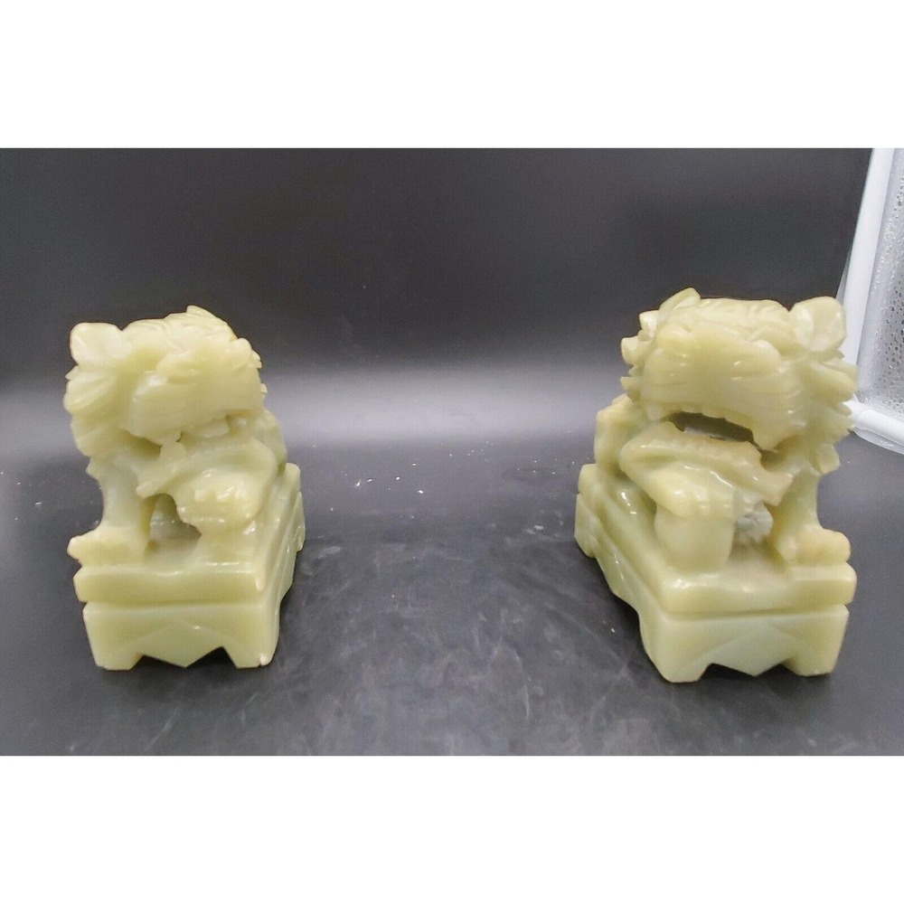 Vintage Pair Celadon Jade Foo Dog Bookends Statue Carved Chinese Green 5"